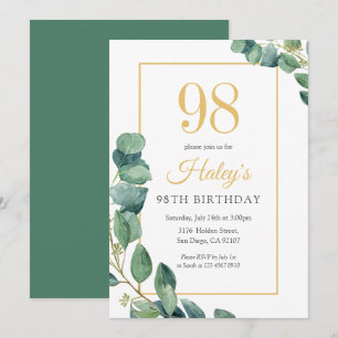Greenery Wreath Chic Gold & Sage 98TH Birthday Invitation