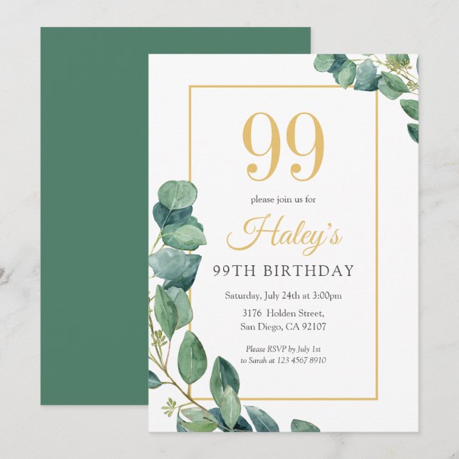 Greenery Wreath Chic Gold & Sage 99TH Birthday Invitation (Front/Back)