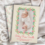 Greenery Wreath Christmas Photo Birth Announcement<br><div class="desc">This charming holiday birth announcement features a watercolor design of green leaves and red berries around your favourite baby photo on a simple pale ivory stripe background. *ADD more photos or text on the back with the Customize further link. Select Matte for heaviest paper.</div>