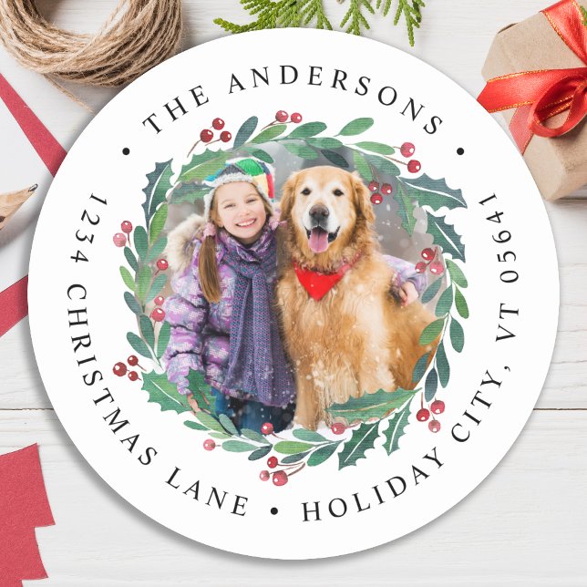 Greenery Wreath Christmas Photo Return Address  Classic Round Sticker (Creator Uploaded)