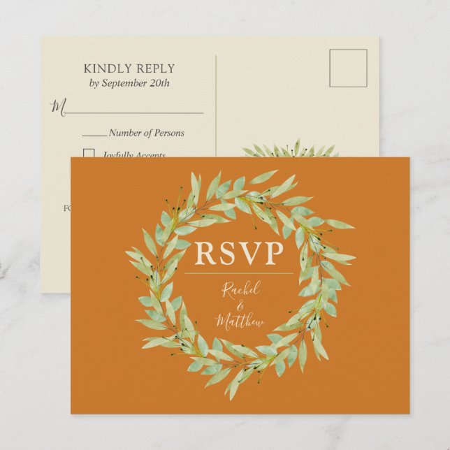 Greenery Wreath Fall Wedding RSVP Postcard (Front/Back)