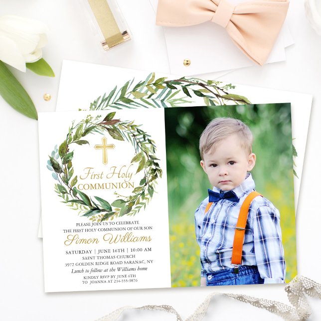 Greenery Wreath First Holy Communion Photo Invitation (Creator Uploaded)