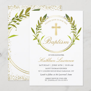 Greenery Wreath Gold Cross Girl Baptism Invitation