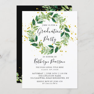 Greenery Wreath Gold Glitter Graduation Party Invitation