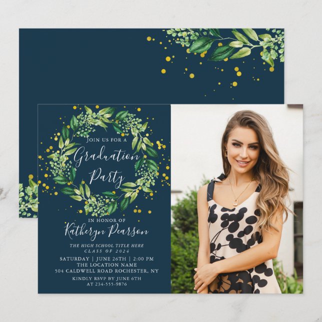 Greenery Wreath Gold Navy Blue Graduation Photo In Invitation (Front/Back)
