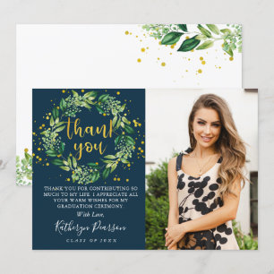 Greenery Wreath Gold Navy Blue Graduation Photo Th Thank You Card