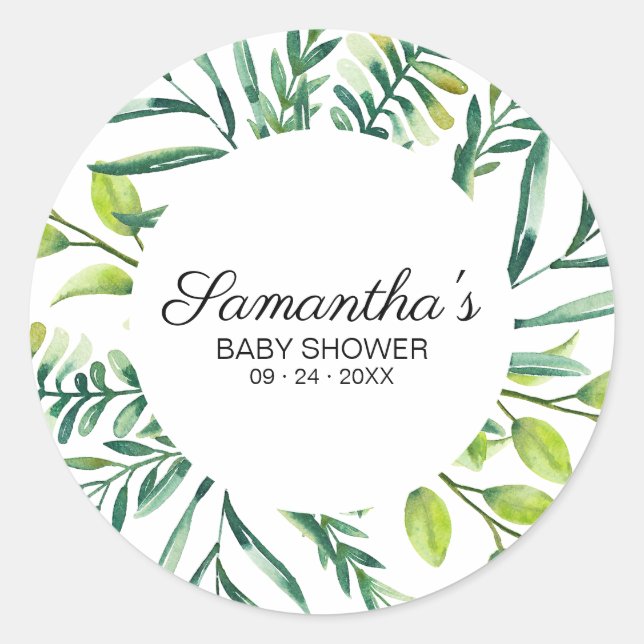 Greenery Wreath Modern Botanical Watercolor Classic Round Sticker (Front)