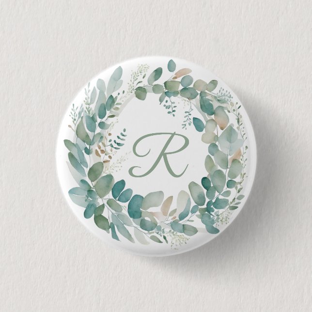 Greenery wreath Monogram  1 Inch Round Button (Front)