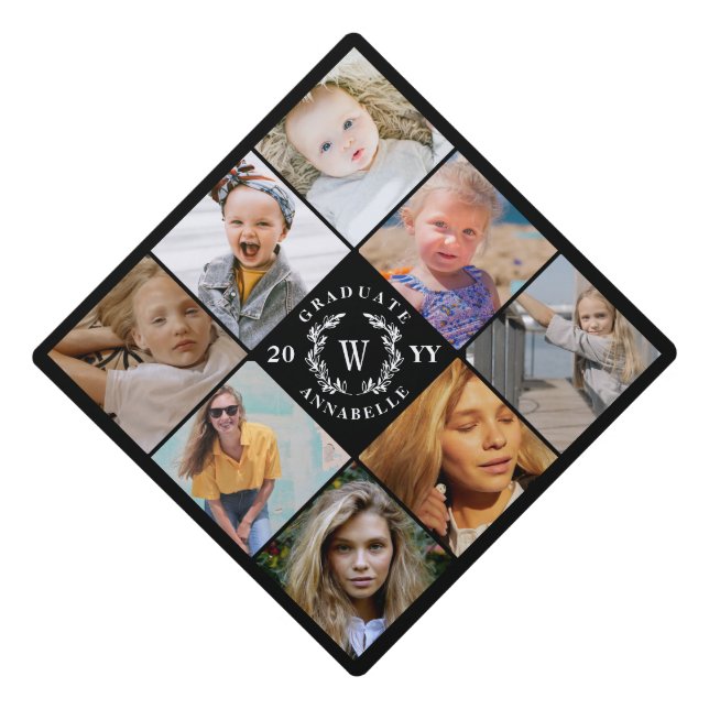 Greenery Wreath Monogram 8 Photo Collage Graduation Cap Topper (Front)