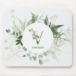 Greenery Wreath Monogram Letter V Mouse Pad