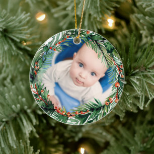 Greenery Wreath My First Christmas Baby Photo Ceramic Ornament