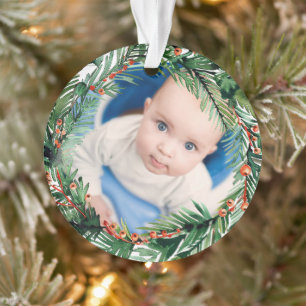 Greenery Wreath My First Christmas Baby Photo Ornament