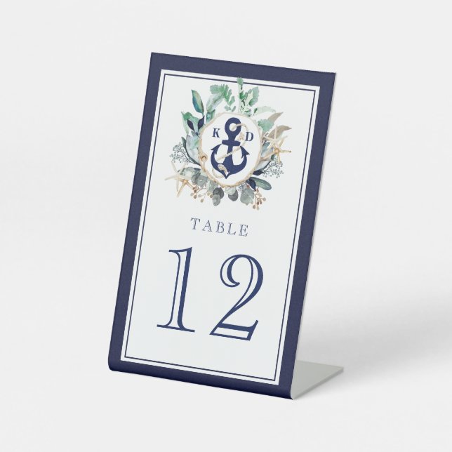 Greenery Wreath Navy Anchor Monogram Beach Wedding Pedestal Sign (Front)