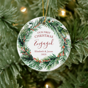 Greenery Wreath Our First Christmas Engaged Photo Ceramic Ornament