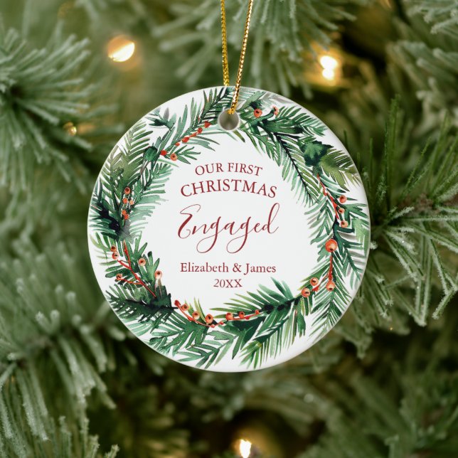 Greenery Wreath Our First Christmas Engaged Photo Ceramic Ornament (Tree)