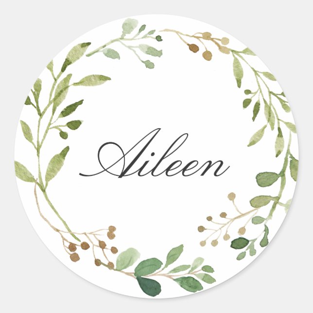 Greenery Wreath personalize name Classic Round Sticker (Front)