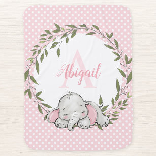 Greenery Wreath Pink Elephant Personalized Girl Baby Blanket