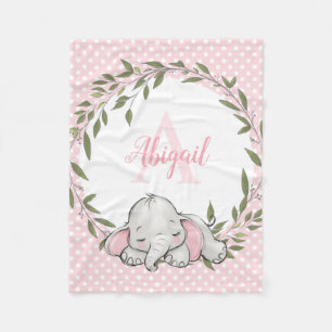 Greenery Wreath Pink Elephant Personalized Girl Fleece Blanket