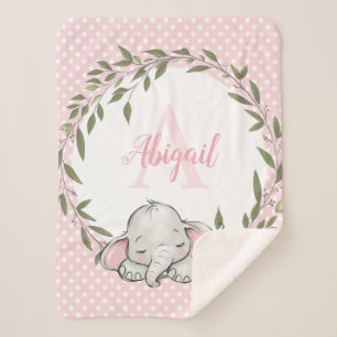 Greenery Wreath Pink Elephant Personalized Girl Sherpa Blanket