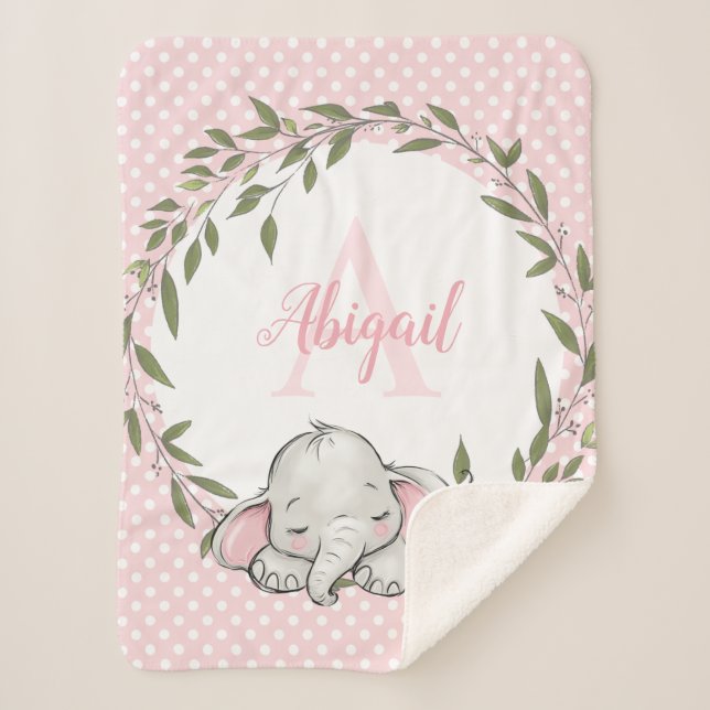 Greenery Wreath Pink Elephant Personalized Girl Sherpa Blanket (Front)