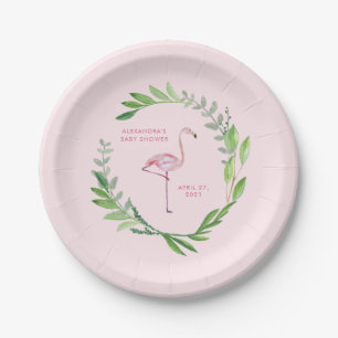 Greenery Wreath Pink Flamingo Paper Plate