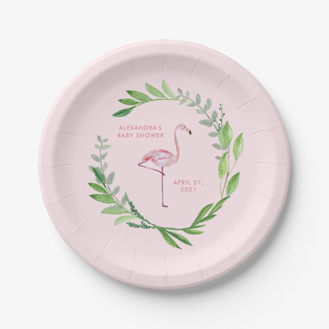 Greenery Wreath | Pink Flamingo Paper Plate (Front)