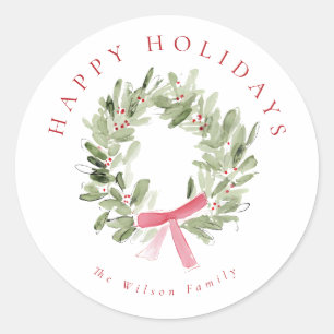 Greenery Wreath & Red Bow Holiday Classic Round Sticker