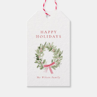 Greenery Wreath & Red Bow Holiday Gift Tags