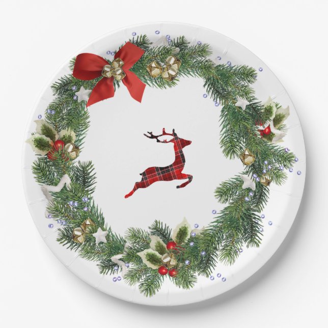 Greenery Wreath & Reindeer Xmas Party Paper Plate (Front)