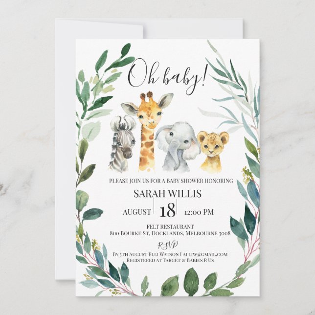 Greenery Wreath Safari Animals Baby Shower Invitation (Front)
