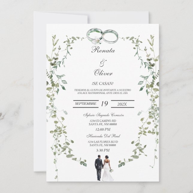 Greenery wreath Spanish Wedding Invitation (Front)