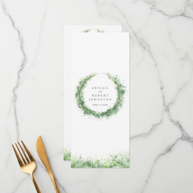 Greenery wreath watercolor art sage green menu (Front/Back In Situ)