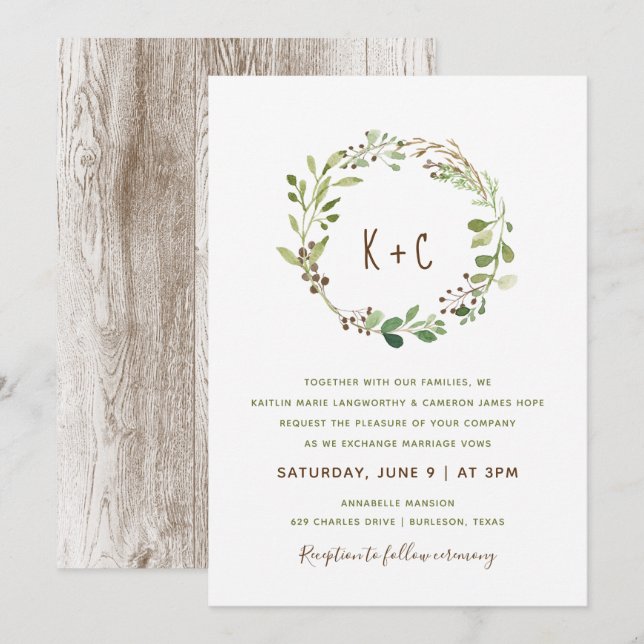 Greenery Wreath Wedding Invitations - Brown (Front/Back)