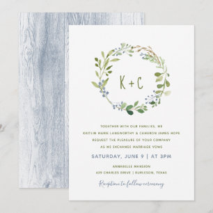 Greenery Wreath Wedding Invitations - Dusty Blue