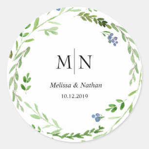 Greenery Wreath Wedding Monogram Sticker