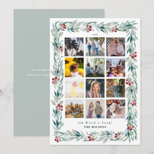 Greenery Wreath What A Year in Review 12 Photo Holiday Card