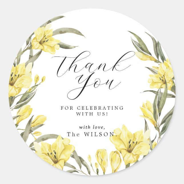 Greenery Yellow Flowers Thank You Classic Round Sticker (Front)