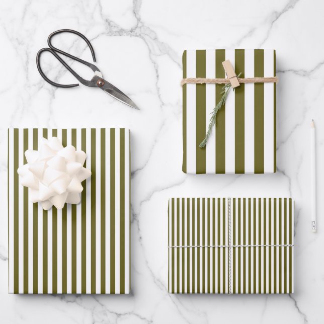 Greenish Brown & White Stripes Wrapping Paper Sheet (Front)