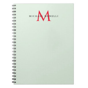 Greenish Grey & Red Monogram Modern Minimalist Notebook