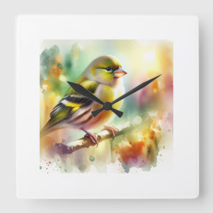 Greenish Yellow Finch 300724AREF123 - Watercolor Square Wall Clock