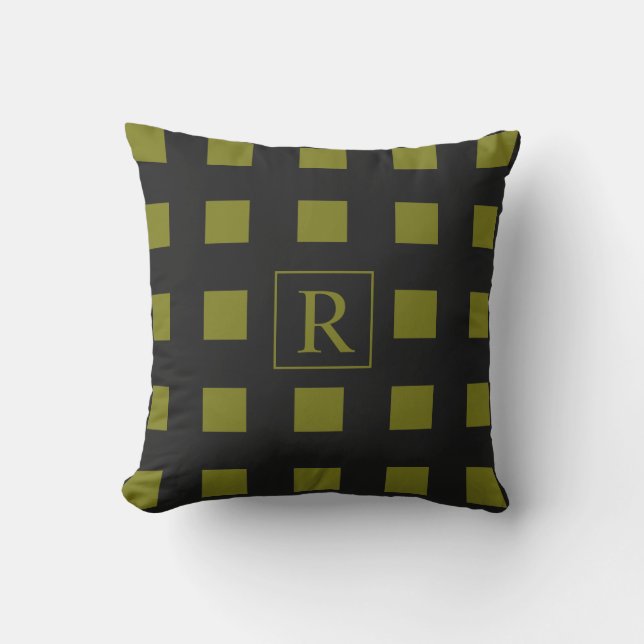 Greenish Yellow Squares Patterns Monograms Black Outdoor Pillow (Front)