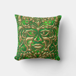 GreenMan in liquid gold damask green satin print Throw Pillow