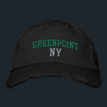 GREENPOINT NY Green on Black Vintage Style Embroidered Hat<br><div class="desc">GREENPOINT NY Green embroidery on Black distressed vintage style cotton hat. Embroidery is customizable to other colour choices by selecting the "Edit Design" tool button. Also available is the option to select choice of hat colour on the main item page.</div>