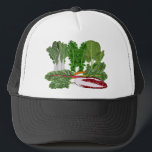 Greens Veggie Lovers Vegetables Trucker Hat<br><div class="desc">This healthy veggie lovers design has an image chock full of green vegetables. They include spinach, kale, Swiss chard, radicchio, and bok choy, Chinese cabbage. Replace the sample text with your own custom name or message in the template, if available. Or delete it. Click customize to change font style or...</div>