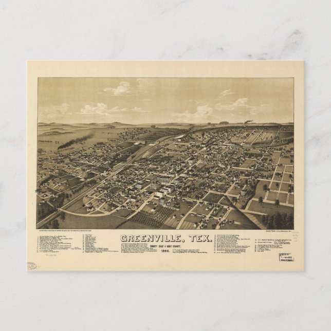 Greenville Hunt County Texas Map (1886) Postcard (Front)