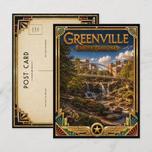 Greenville South Carolina Vintage Art Deco Golden  Postcard