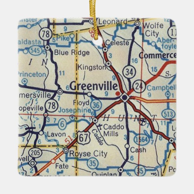 Greenville Texas Vintage Map Ceramic Ornament (Front)