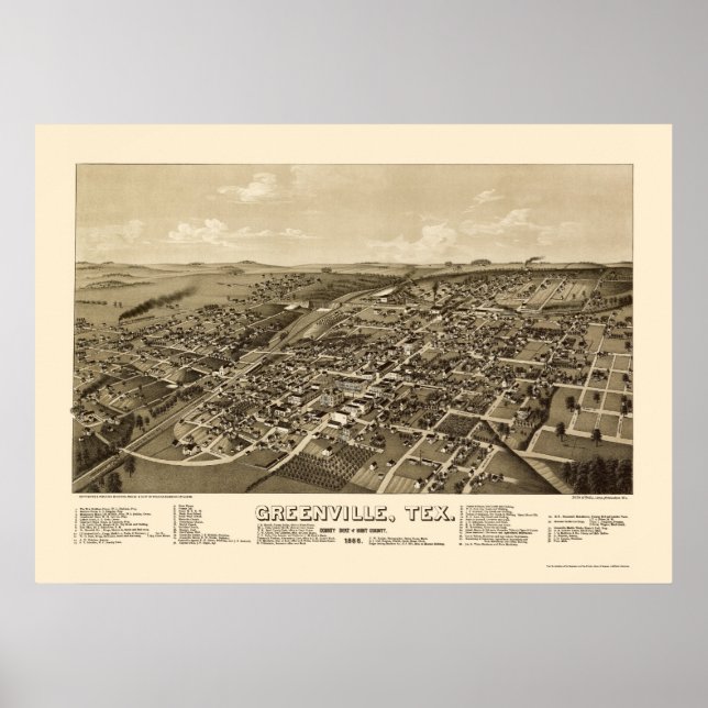 Greenville, TX Panoramic Map - 1886 Poster (Front)