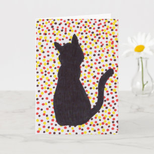 Greeting Card - Black Cat Against Coloured Dots