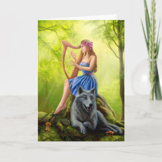 Greeting Card,  Fantasy girl fairy and friend wolf Card